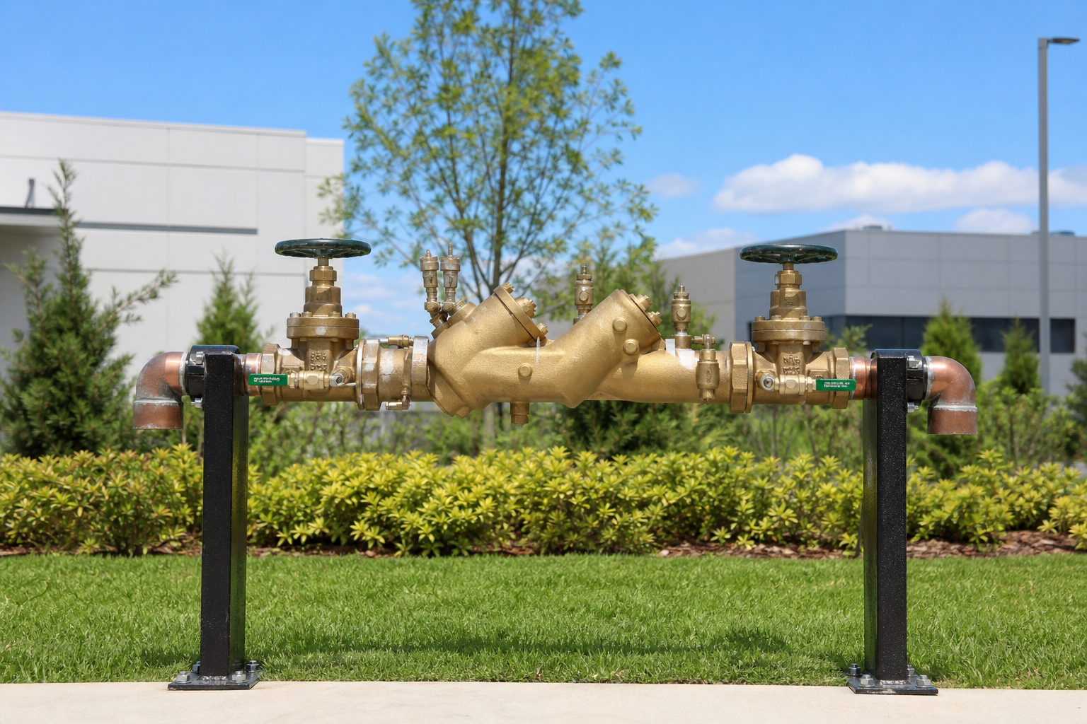 Brass RPZ backflow prevention assembly installed outdoors at a commercial property in the DFW metroplex