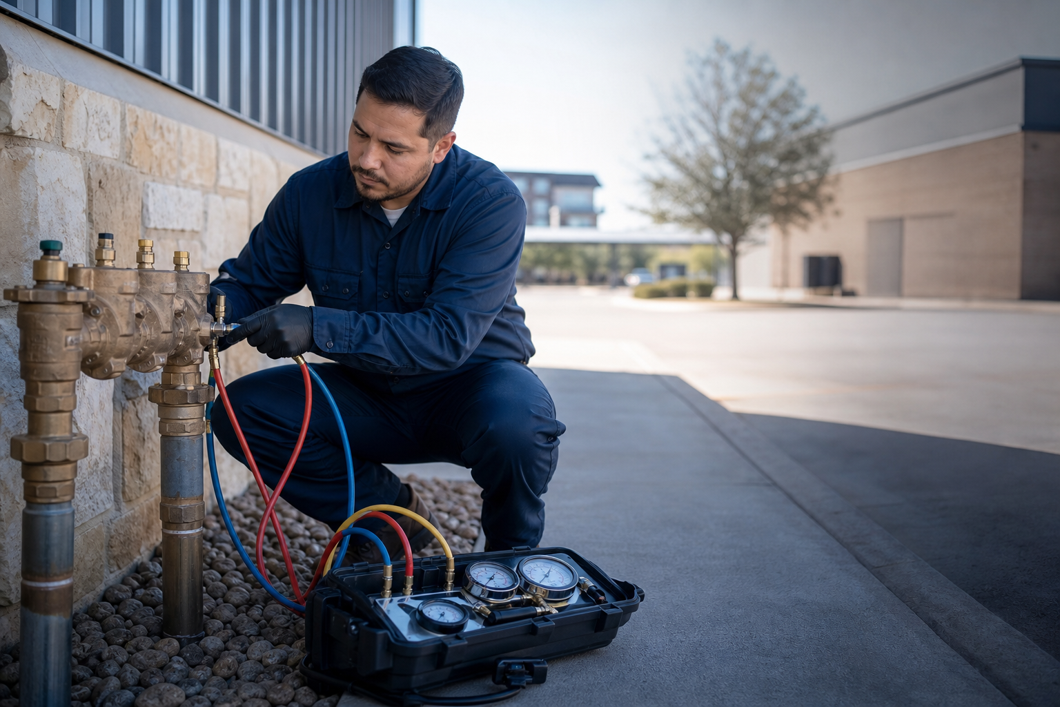 Certified technician performing a backflow test on an RPZ assembly in the DFW metroplex